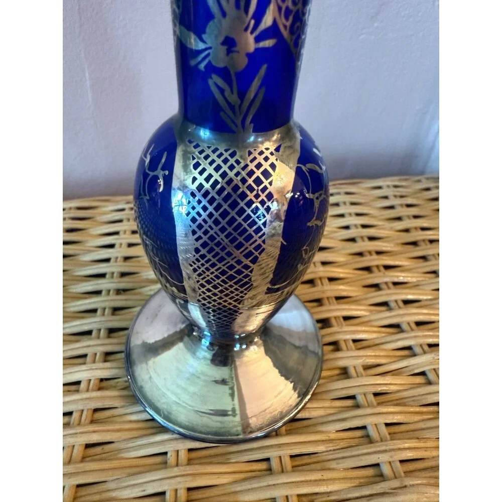 Vintage 50's Venetian Art Glass Bud Vase Blue Silver Overlay Gondola - Picture 9 of 11